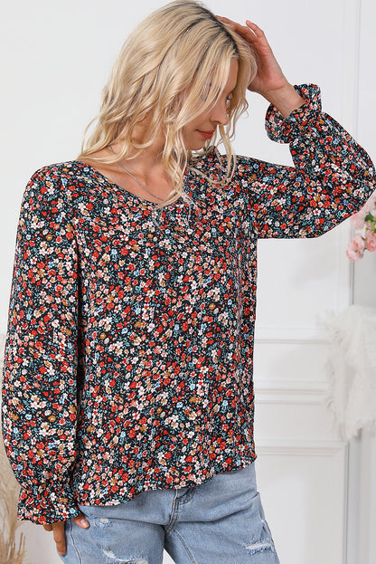 Vurig rode V-vormige kanten patch-up-blouse met ruches en bladerdeegmouwen
