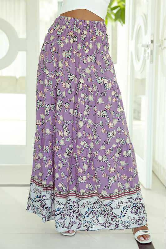 Paarse bloemenprint gesmokte maxi-rok met hoge taille