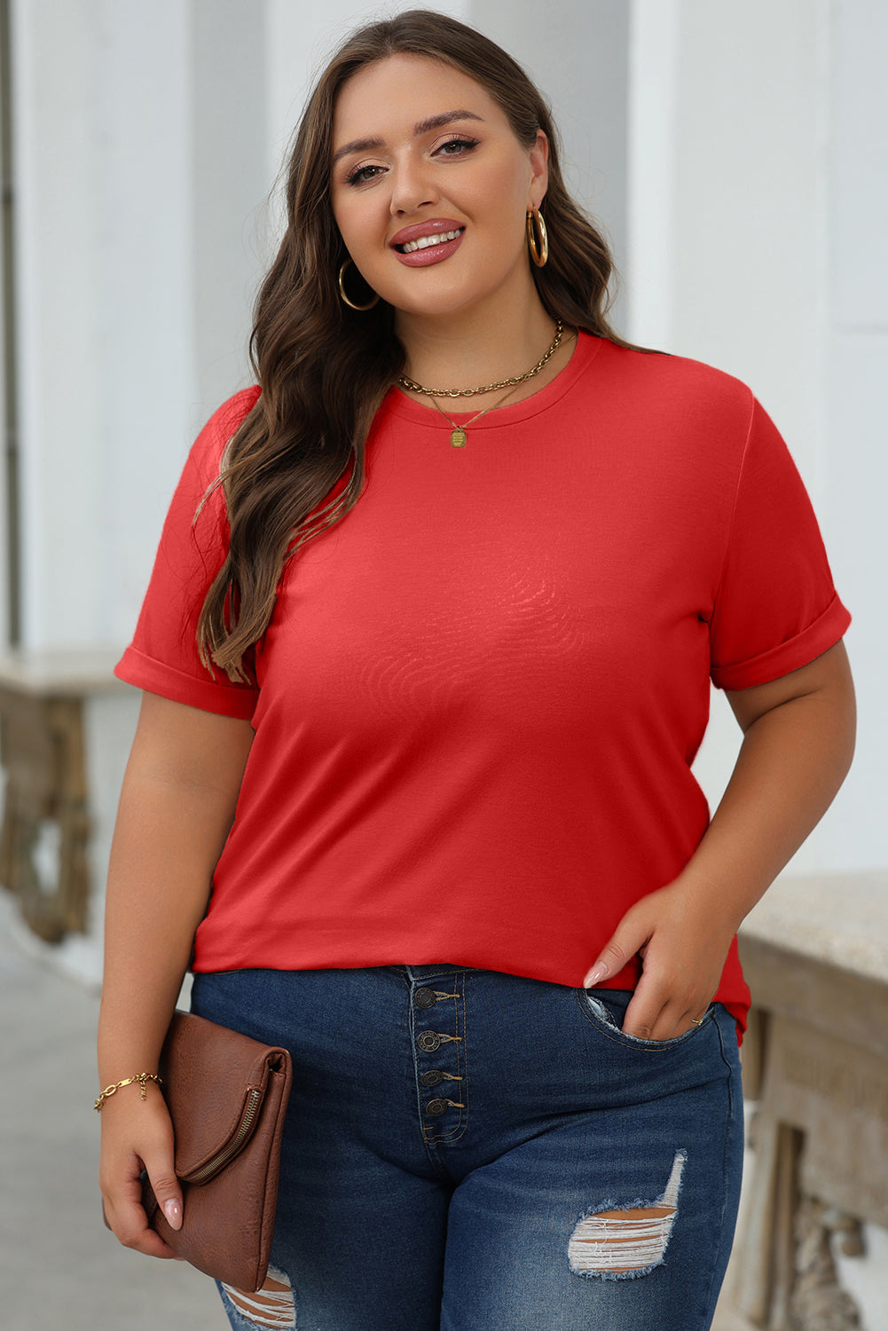 Rood casual effen T-shirt met ronde hals