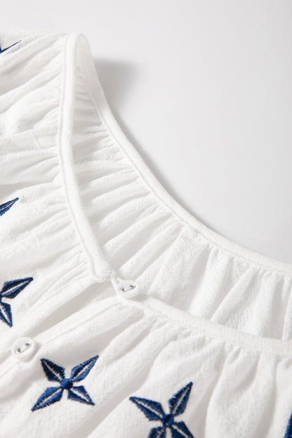 Wit geometrische geborduurde blouse met lange mouwen met knoop