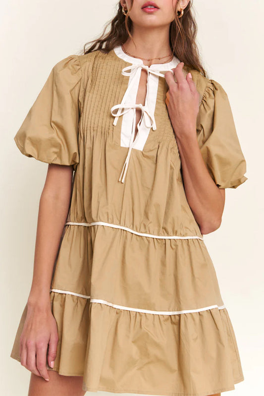 Bleke kaki contrast trim pintuck puff mouw bindende nek korte jurk