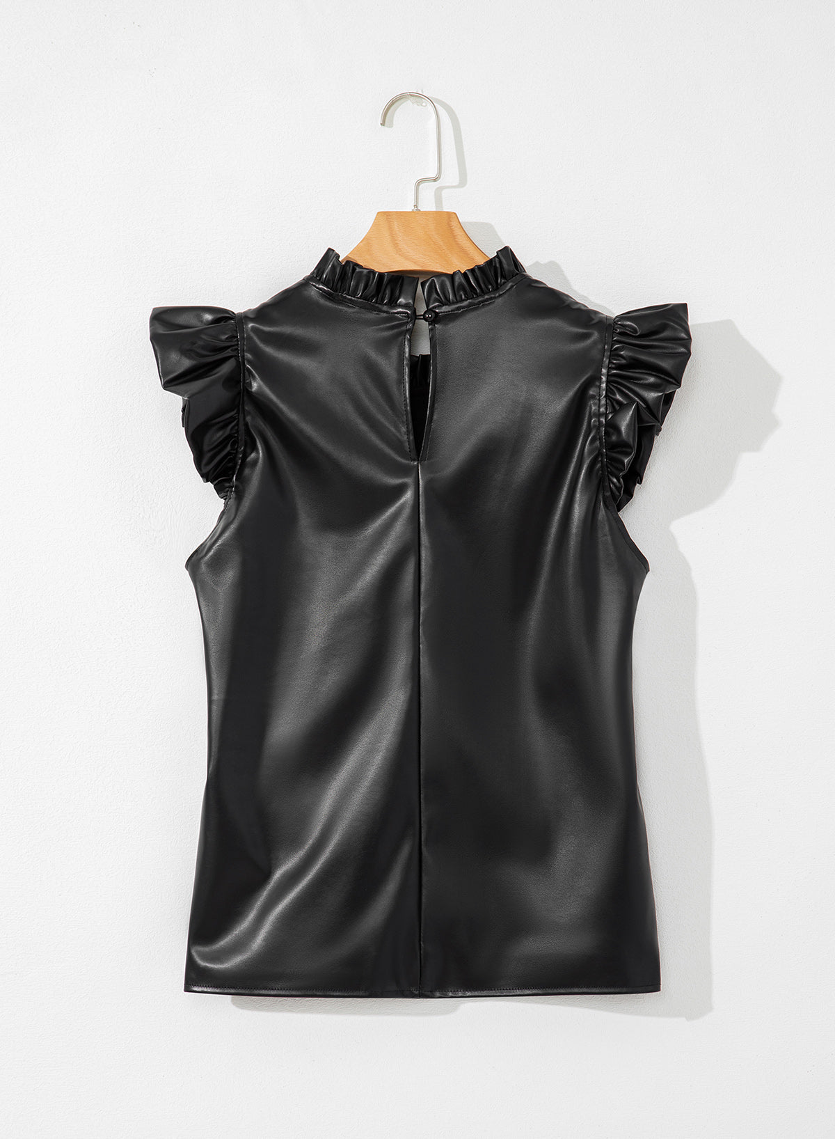 Zwarte pu lederen frilly ruches trim blouse