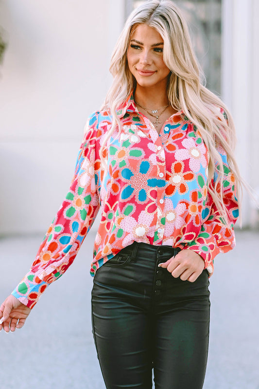 Overhemd met veelkleurige bloemenprint en bubbelmouwen