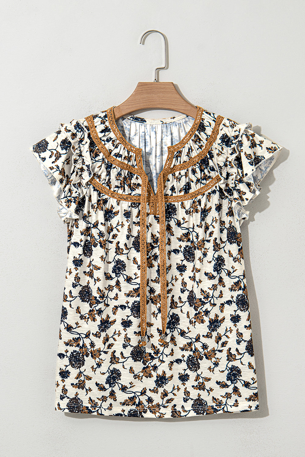 Witte bloemen frilly blouse met veter omhoog