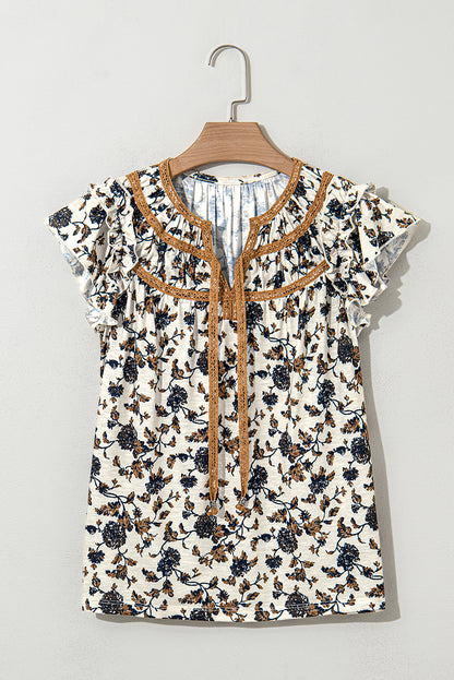 Witte bloemen frilly blouse met veter omhoog