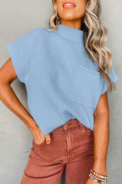 Beau Blue Patch Pocket geribbeld gebreide trui met korte mouwen