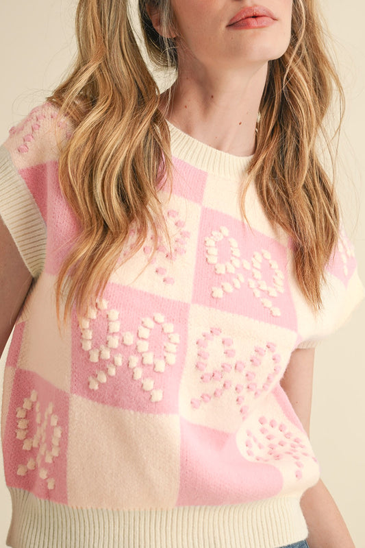 Roze preppy boogdetail geruite trui vest