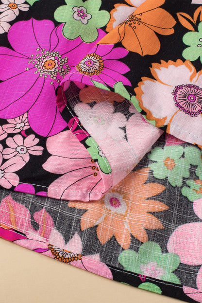 Rozerode blouse met kanten rand en bloemenprint met bubbelmouwen