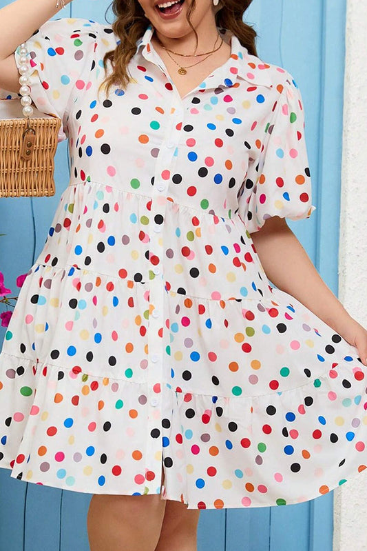 Witte polka dot print bubble mouw knop omhoog plus size shirt jurk