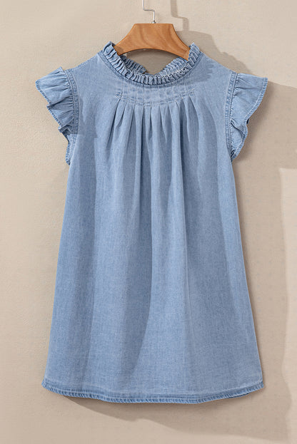 Beau blauwe retro chambray top met geplooide knoopsluiting op de rug