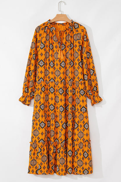Oranje westerse geometrische print gelaagde frisdress los fit midi -jurk