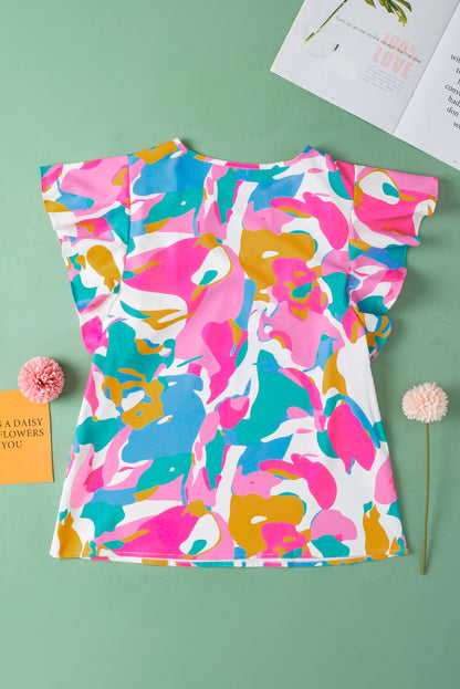 Veelkleurige blouse met abstracte print en gekerfde hals en fladdermouwen