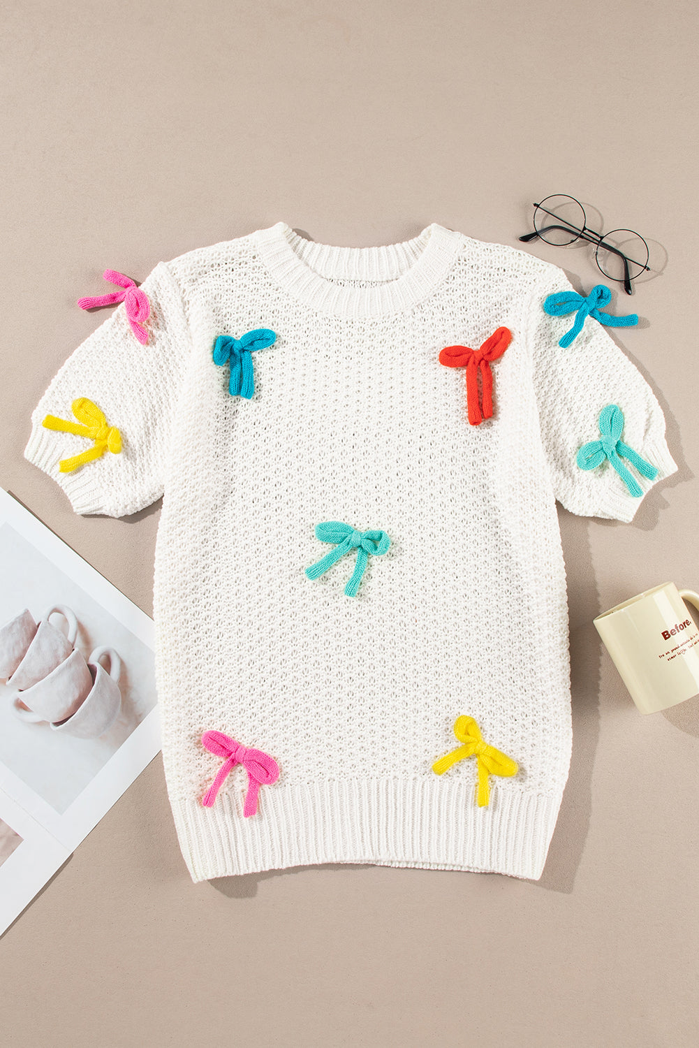 Wit kleurrijke boog gebreide mockhals sweater met korte mouwen