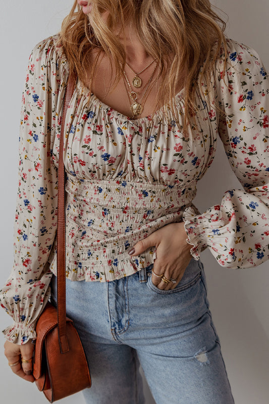 Beige boho bloemenprint gesmokte taille v nek blouse