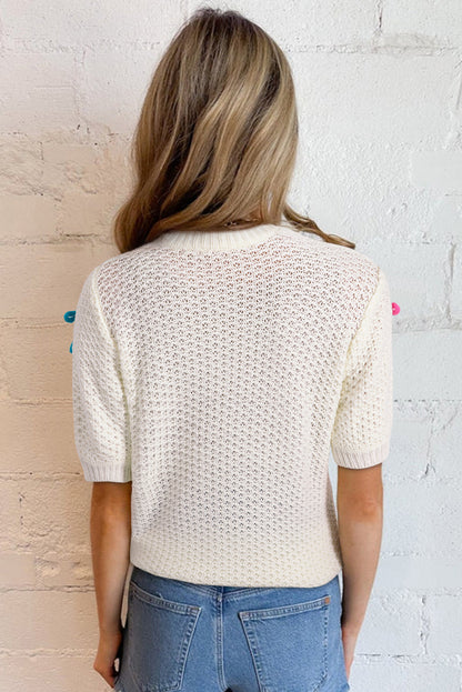 Wit kleurrijke boog gebreide mockhals sweater met korte mouwen