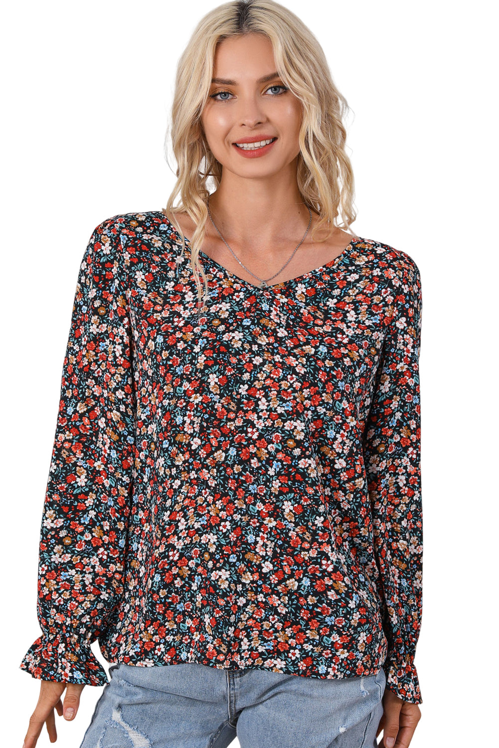 Vurig rode V-vormige kanten patch-up-blouse met ruches en bladerdeegmouwen
