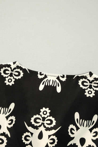 Orange Vintage Geometric Printed 3/4 Sleeve V Neck Blouse