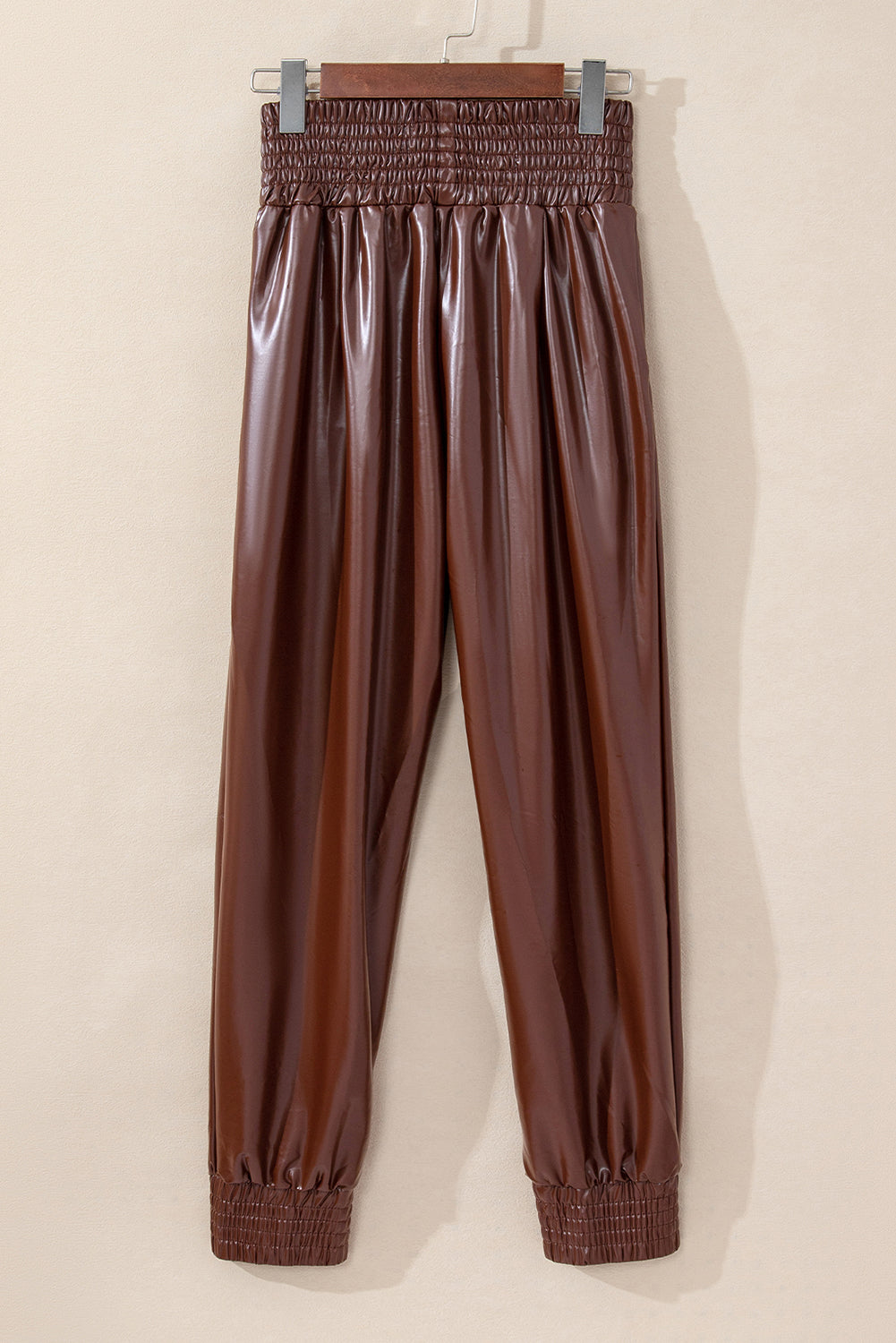 Bruine gesmokte leren skinny broek met hoge taille