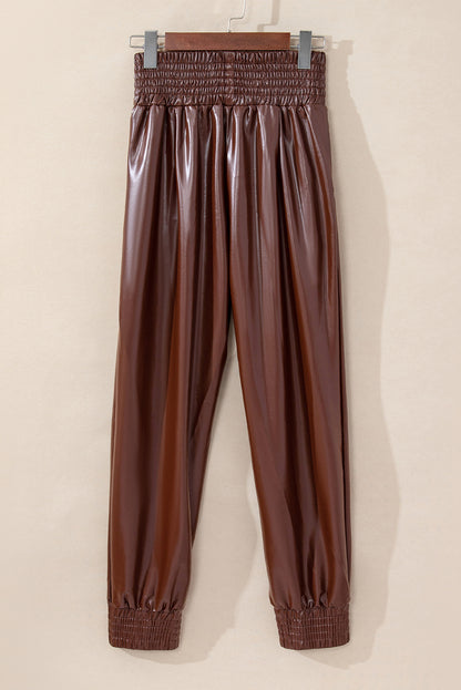 Bruine gesmokte leren skinny broek met hoge taille