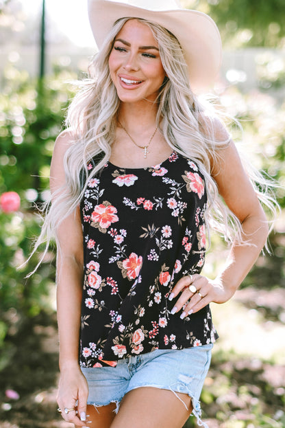 Zwarte bloemen spaghettibandjes tanktop met bandjes op de rug