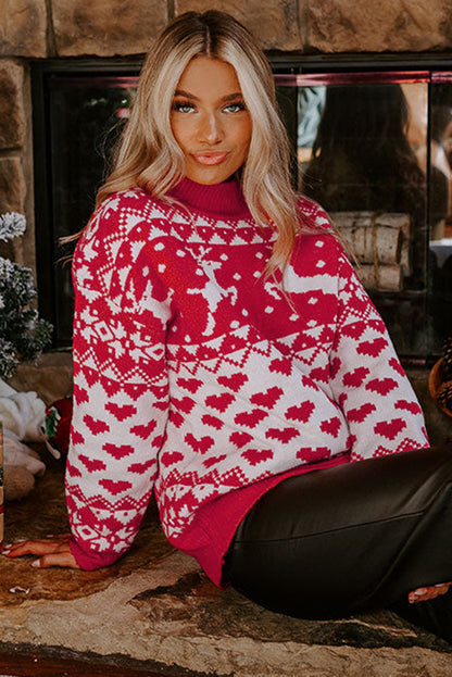 Fiery Red Merry Christmas Rendier Heart Patroon High Neck Sweater