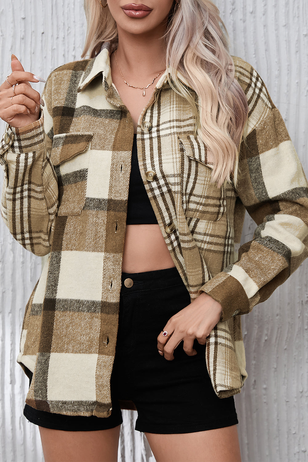 Perkament contrasterende geruite patchwork klepzak-shacket