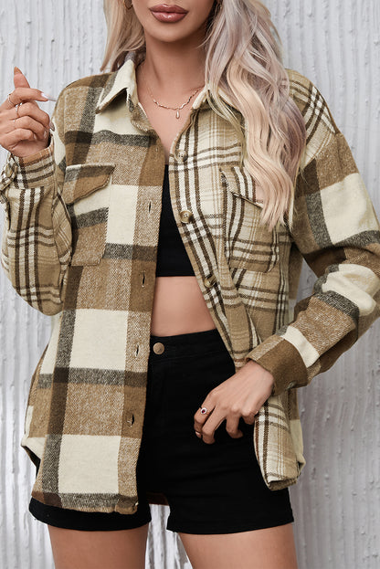 Perkament contrasterende geruite patchwork klepzak-shacket