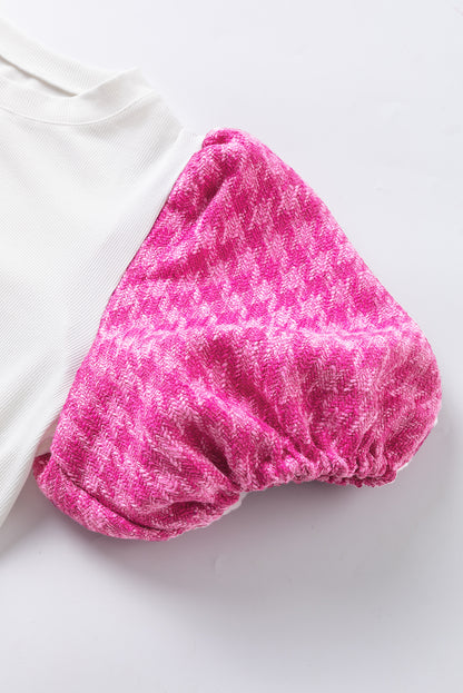 Witte contrasterende tweed top met pofmouwen