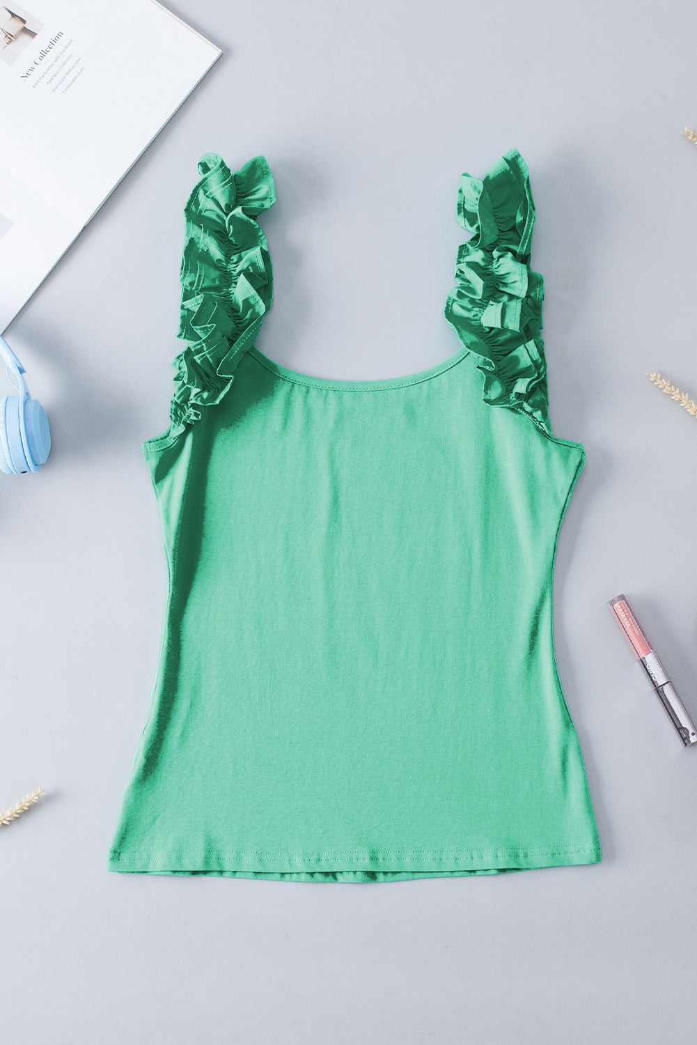 Mintgroene slanke tanktop met ruches en brede bandjes