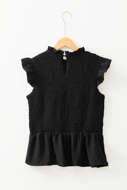 Zwarte ruche korte mouw shirred peplum top
