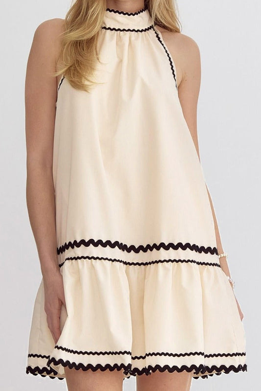 Kaki streep ric rac trim halter a-line mouwloze mini-jurk