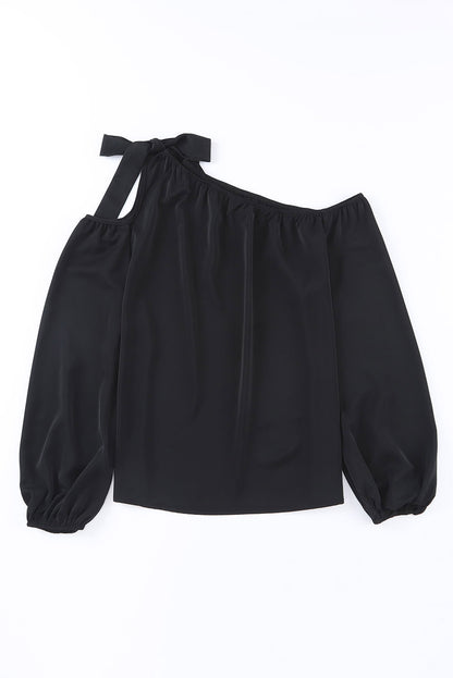 Zwart geknoopte asymmetrische off-shoulder blouse