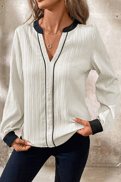 Witte textuur kleurblock v nek elegante blouse