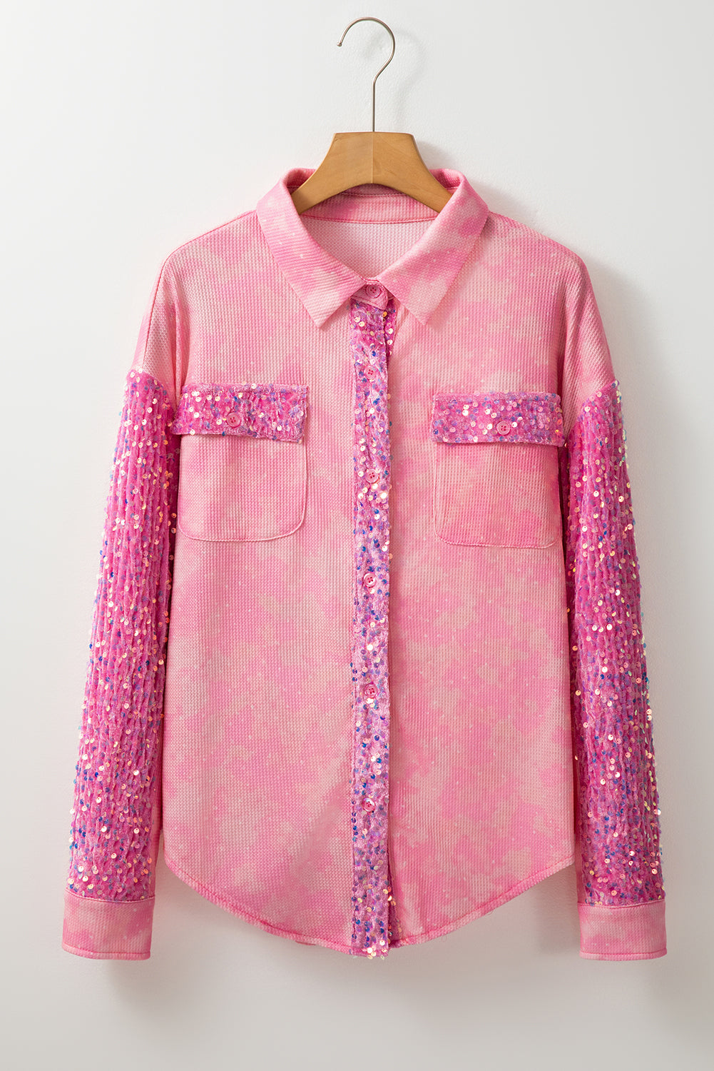 Abrikoosroze minerale wassing met pailletten en patchwork met klepzak