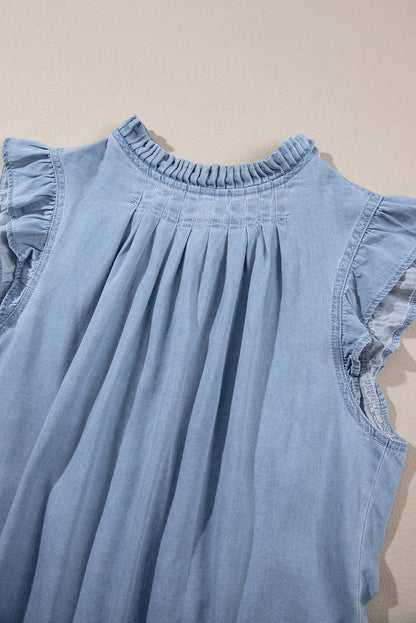 Beau blauwe retro chambray top met geplooide knoopsluiting op de rug