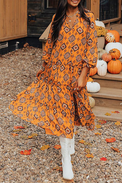 Oranje westerse geometrische print gelaagde frisdress los fit midi -jurk
