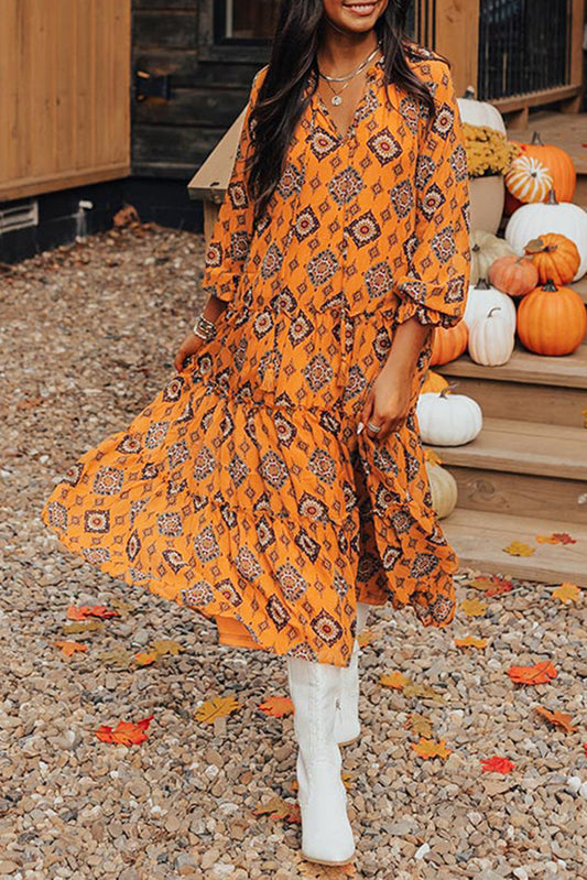 Oranje westerse geometrische print gelaagde frisdress los fit midi -jurk