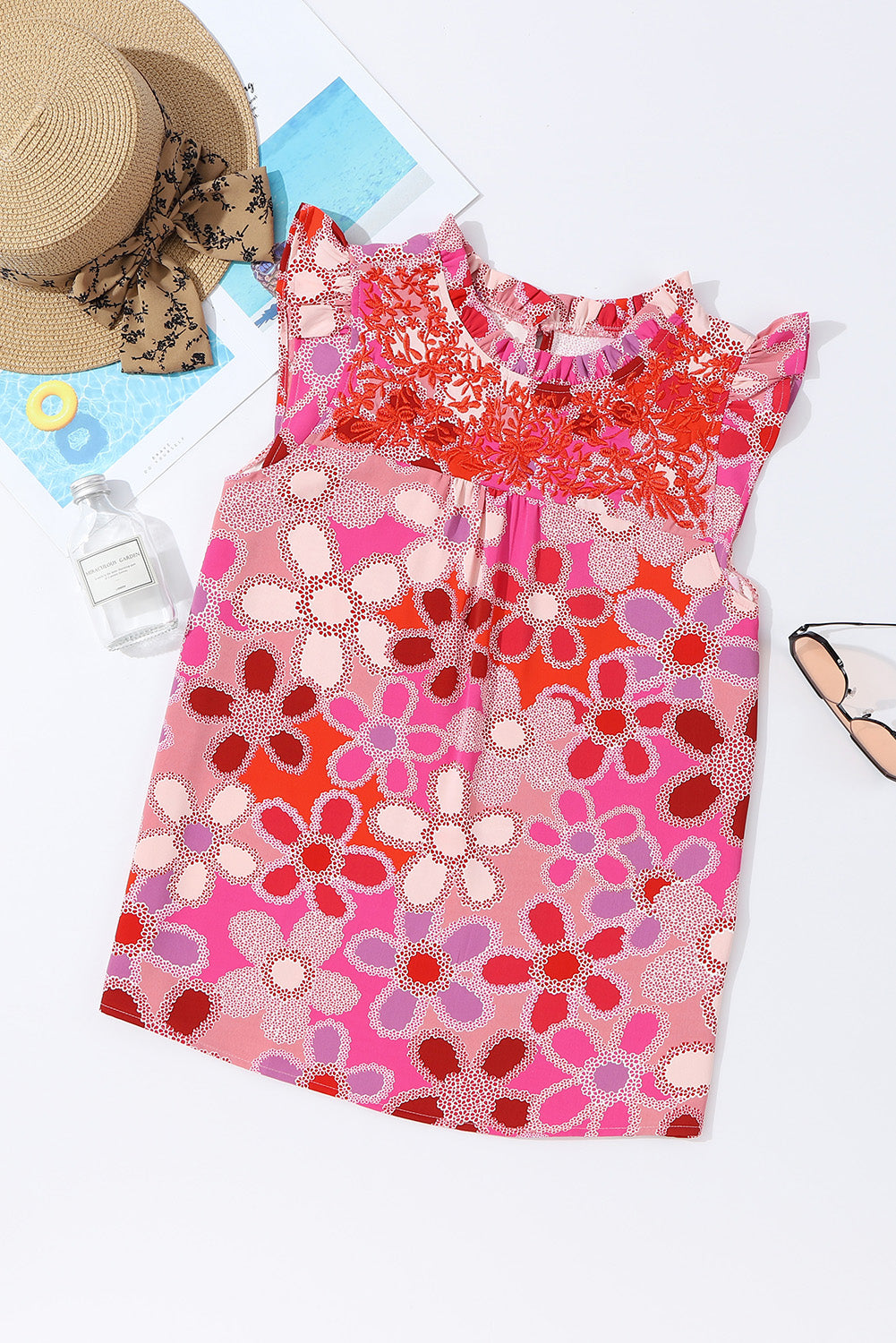 Tanktop met geborduurde details en bloemenprint met ruches