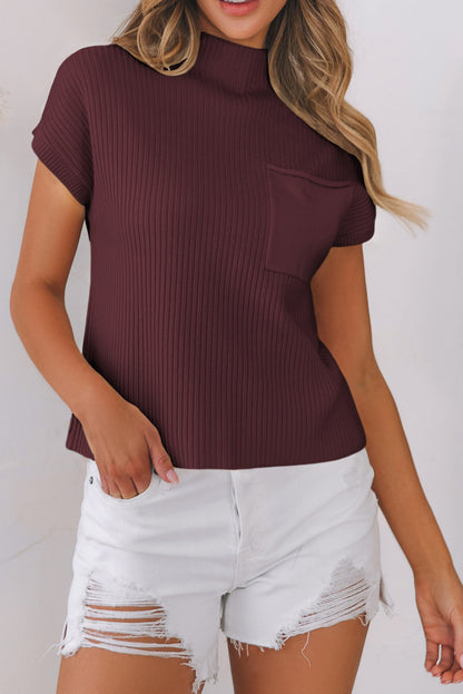Beau Blue Patch Pocket geribbeld gebreide trui met korte mouwen