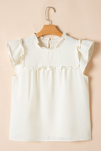Witte vaste kleur ruches trim wafel gebreide blouse