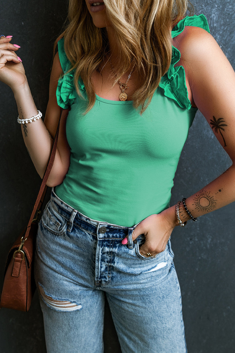 Mintgroene slanke tanktop met ruches en brede bandjes
