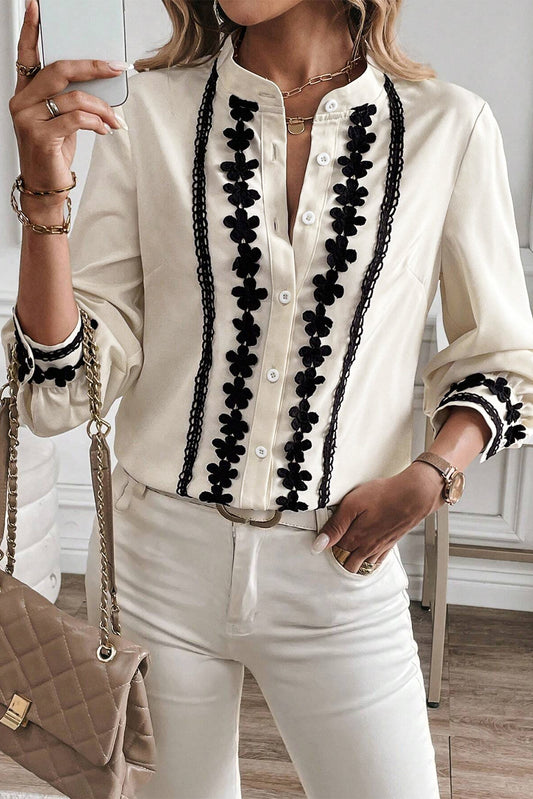Beige Floral Bordidered Stand Neck Buttoned Shirt