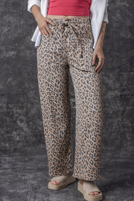 Khaki Luipaard Gedrukte taille taille Pocket Wide Leg Jeans
