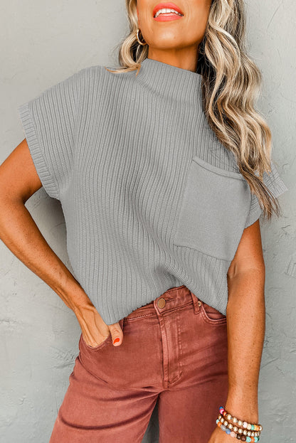 Beau Blue Patch Pocket geribbeld gebreide trui met korte mouwen