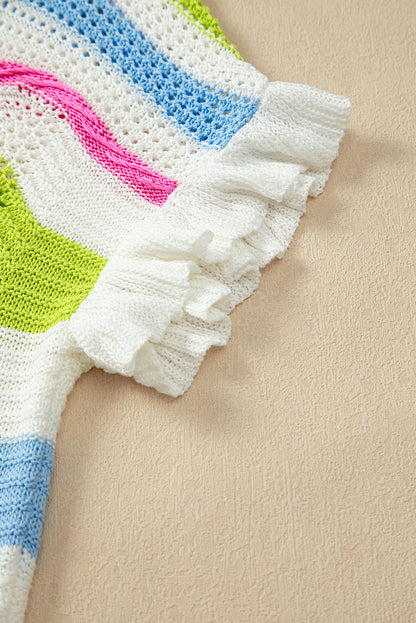 Witte colorblock gehaakte trui met ruches en korte mouwen