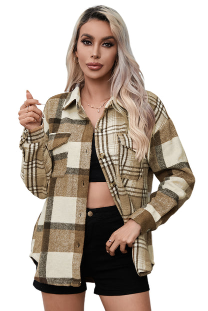 Perkament contrasterende geruite patchwork klepzak-shacket