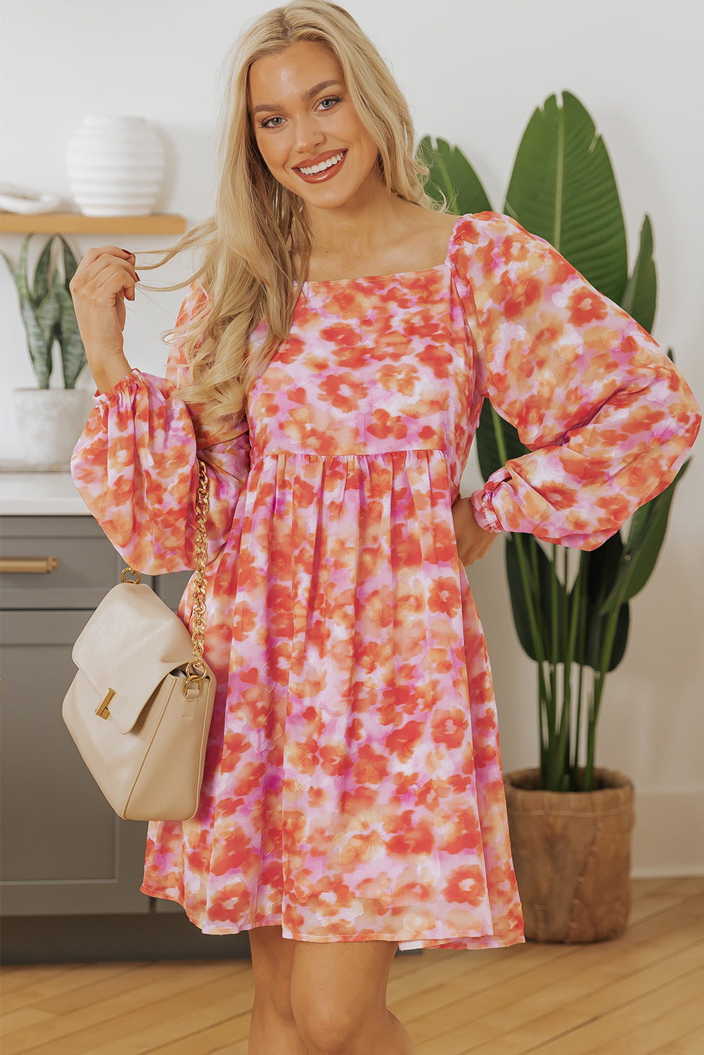 Rose Floral Print Square Neck High Taille Mini Dress