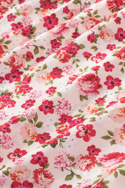Vurige rode bloemenprint mouwloze top met ruches en nephals