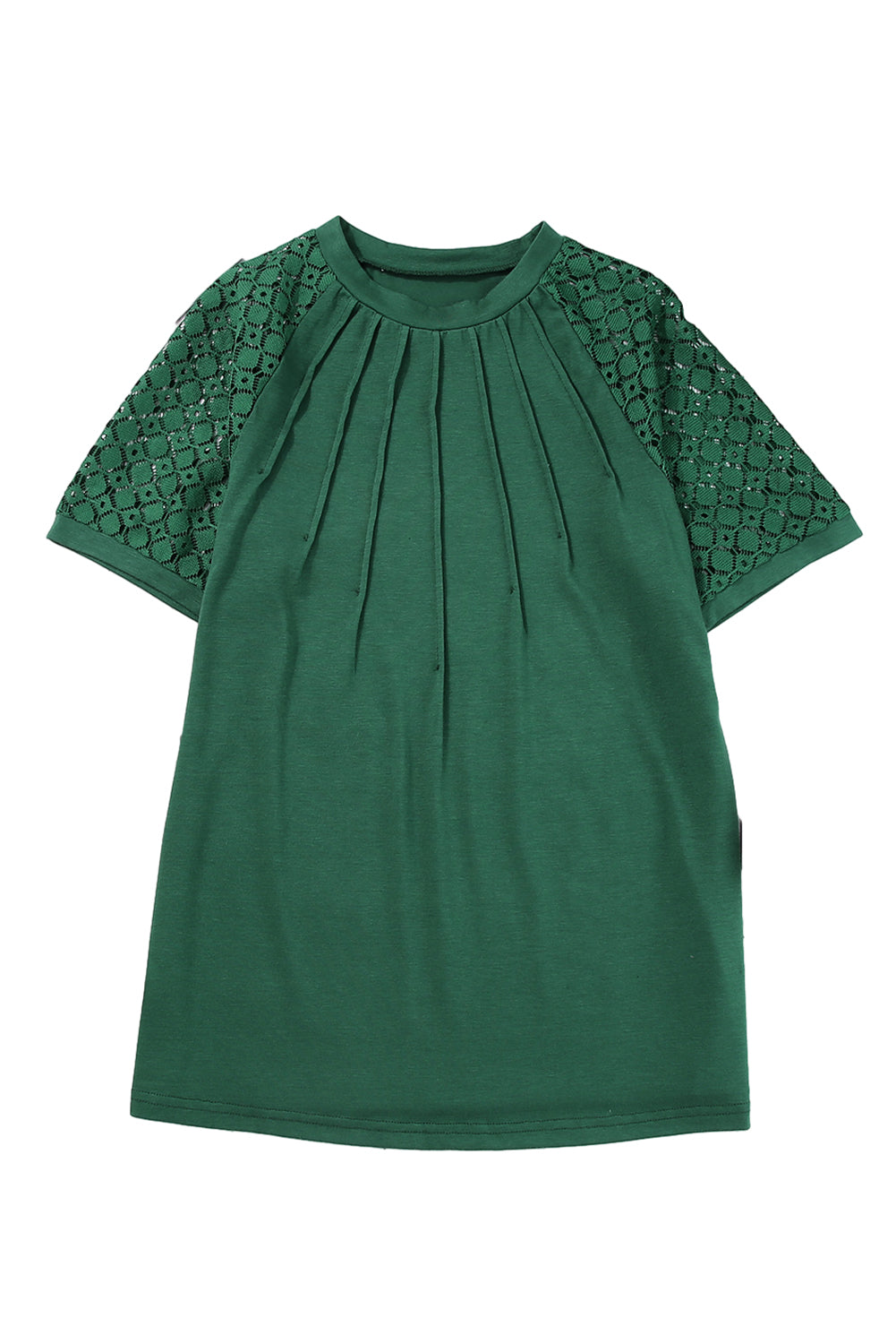 Zwartachtig groen T-shirt met contrasterende kanten raglanmouwen en gefelst detail