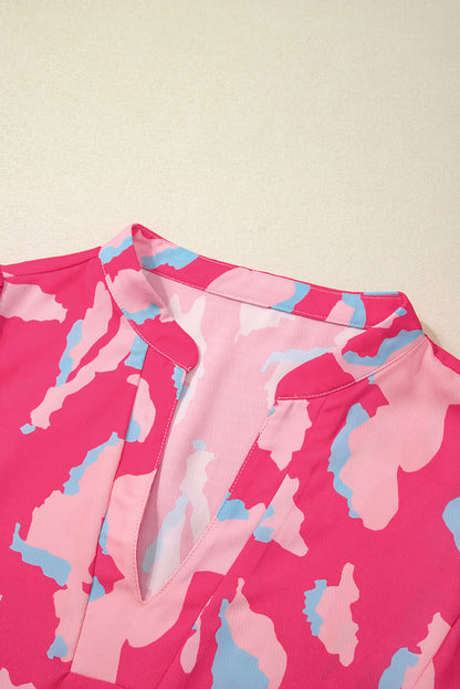Gesmokte blouse met V-hals en pofmouwen met rozen-abstracte print